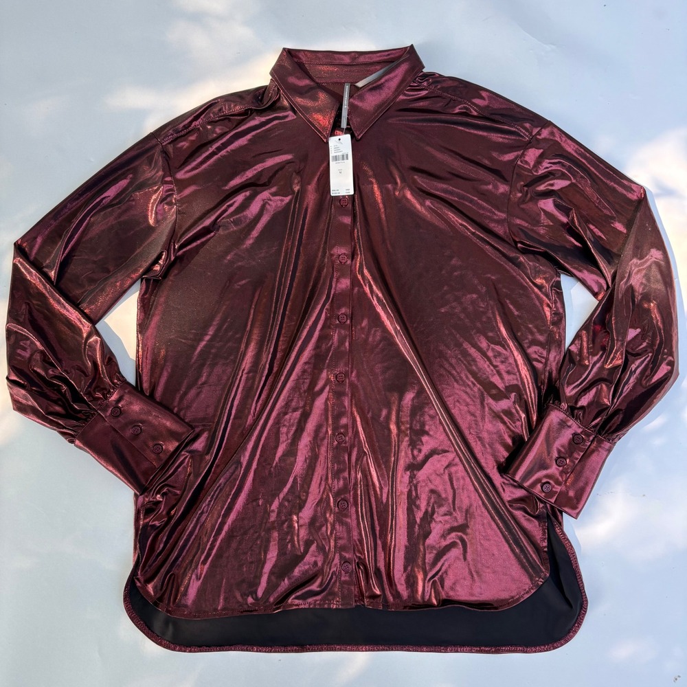 Anthropologie Metallic Burgundy Button Down Shirt Long Sleeve Shimmer Womens M - Picture 2 of 8